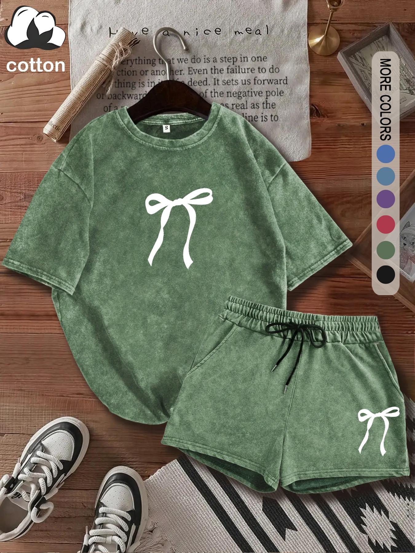 Women's Two-Piece Set, Bow Print Short Sleeve Tee & Shorts Outfit, Casual Round Neck T-Shirt & Shorts for Daily Wear, Suits, Fashion Clothing Set