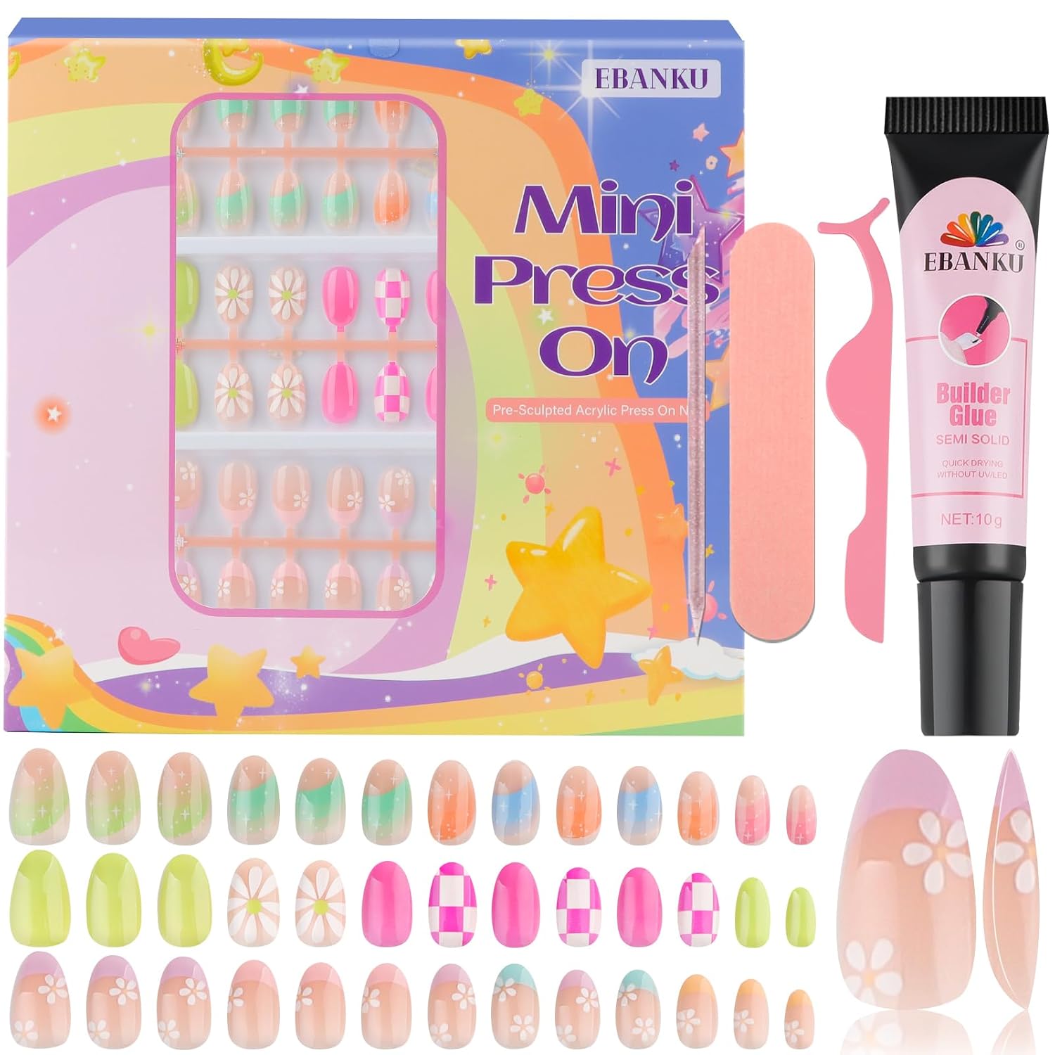 EBANKU Press on Nails Kit for Kids,Includes 156、144、130、78、24 Pieces Per Pack,Colorful Flower Almond Fake Nail Tips for Girls, Kid Fake Nail Kit for Girls 8-12 Years Old with Jelly Nail Adhesives Birthday Gifts Holiday Haul Diy,EasterNails