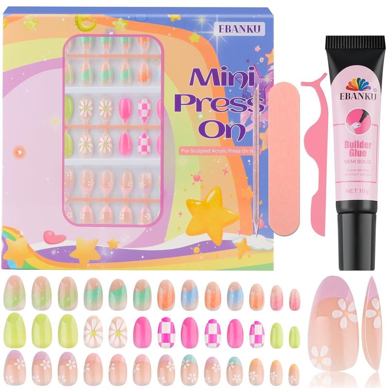 EBANKU Press on Nails Kit for Kids,Includes 144、130、78、24 Pieces Per Pack,Colorful Flower Almond Fake Nail Tips for Girls, Kid Fake Nail Kit for Girls 8-12 Years Old with Jelly Nail Adhesives Valentine Nails Kit and Birthday Gifts Holiday Haul Diy