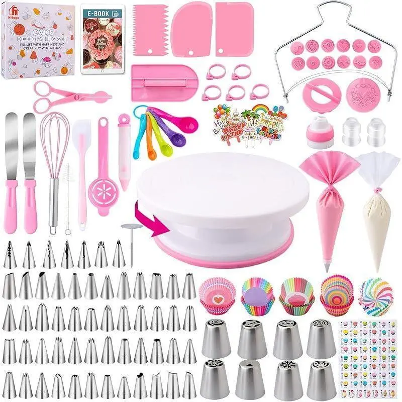 Baking Beginners Special 356-Piece Cake Decorating Tools Kit with Revolving Turntable, Piping Bag, Icing Tips, Fondant Molds, Spatula, Scraper, Food-Grade Safe Full Baking Set