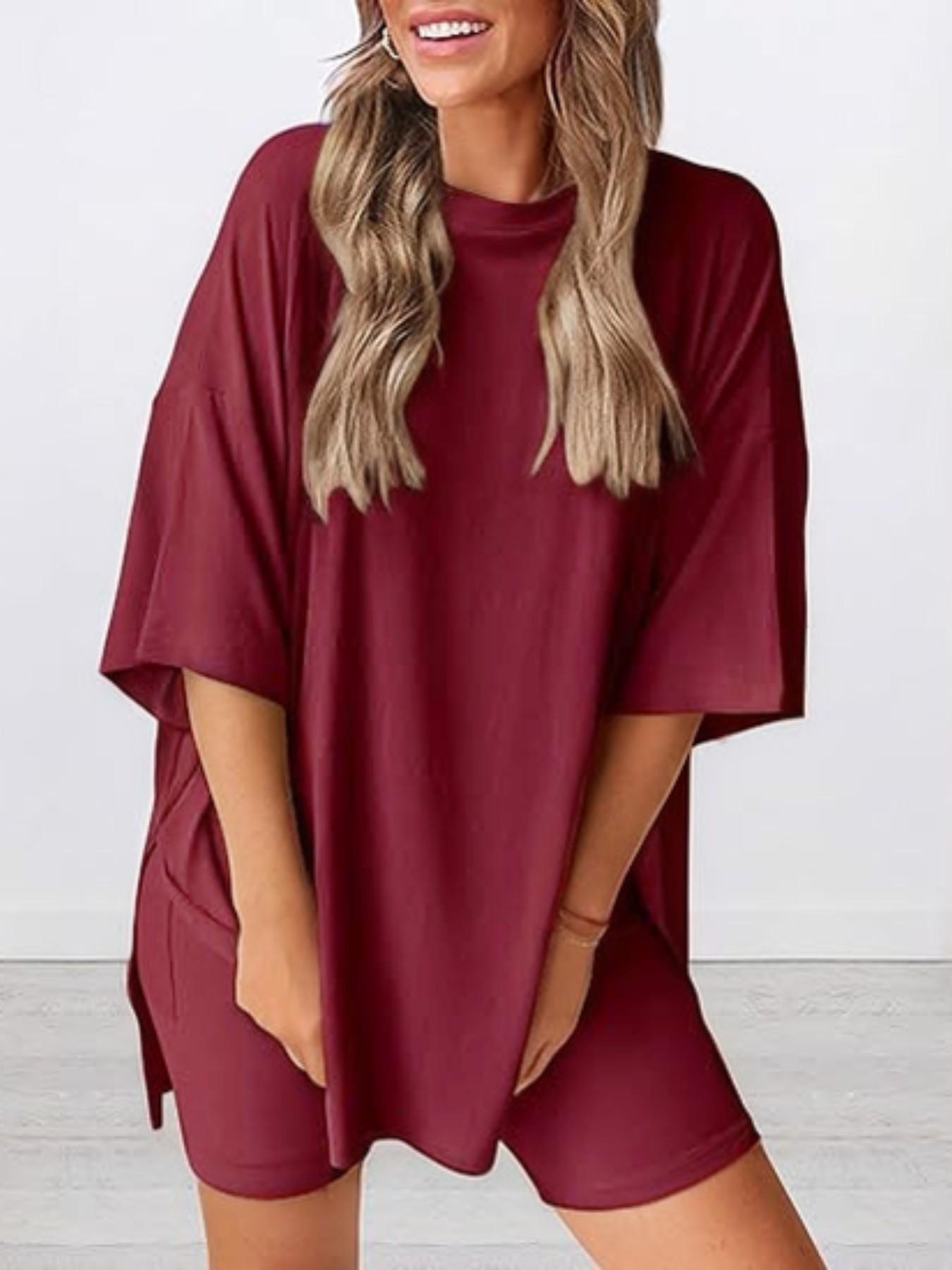 Women's Solid Color T-Shirt and Tight Shorts Set, Casual Summer Comfort Round Neck Sleepwear, Pocket Design, Outdoor Wear Women's Solid Color T-Shirt and Tight Shorts Set, Casual Summer Comfort Round Neck Sleepwear, Pocket Design, Outdoor Wear