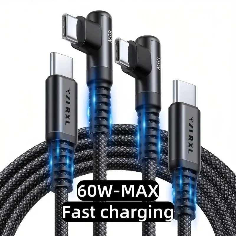 Tzlrxl_Type-C toType-C charging cable 90-degree elbow fast charging cable, support data transmission, suitable for Samsung, Xiaomi, One Plus, Google and other C-port devices, length: 1m//2m data cable