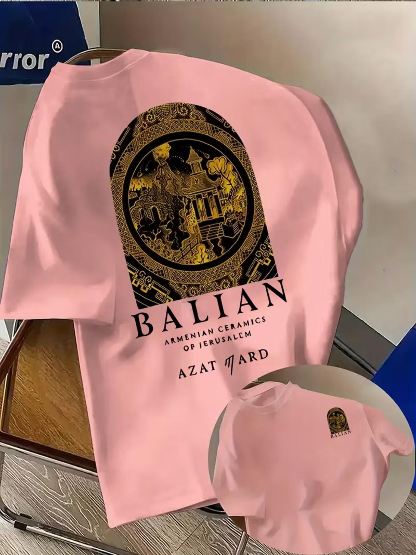 Men's Fashion T-Shirt with Creative Armenian Ceramics Print, Geometric Pattern, Loose-Fit, Casual Summer Top, All Seasons