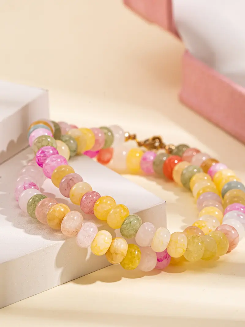 2026 Summer Boho Aesthetic Cool Colorful Playful Imitation Natural Stone Beaded Design Necklace Bracelet Set, Sweet Macaron Color Artificial Crystal Jewelry Set, Elegant Minimalist Bohemian Style Gift Ready for Women Men