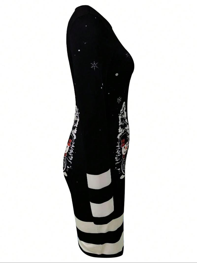 Women's Casual Christmas Print Striped Fitted Dress, Small Snowman Cartoon Print, Long Sleeve, Short Length, Fall Winter Holiday Wear