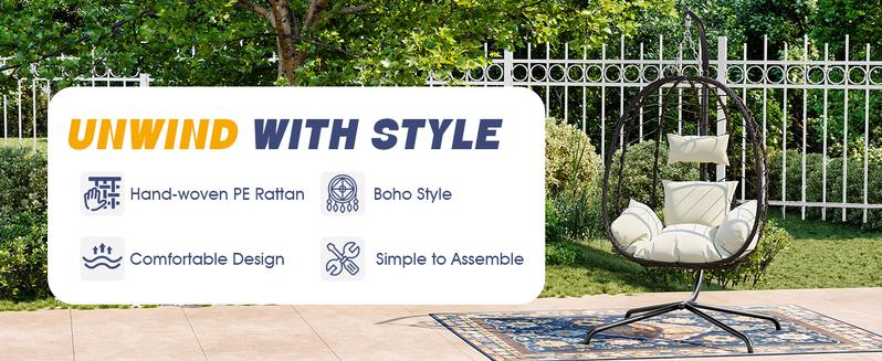 Valentine's Gift for Her  WTFGO Indoor and Outdoor Universal Hanging Basket Chair with Stand(82*35.5*), Hand-Woven PE Rattan Swing Chair with  FallFreshness Cushion, Adjustable Chain Length, Suitable for Bedroom, Balcony, Garden