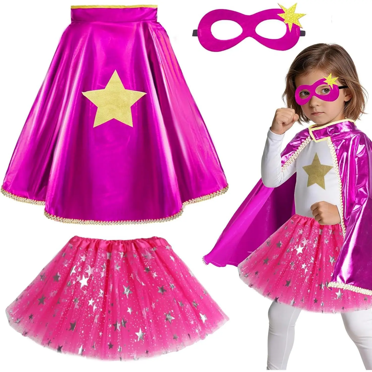 Kids Toddler Superhero Costumes for Girls - 3-Piece Cape, Mask & Star Tutu Dress-Up Set for Ages 3+ | Birthday Gifts, Halloween, School Plays, DanceGift