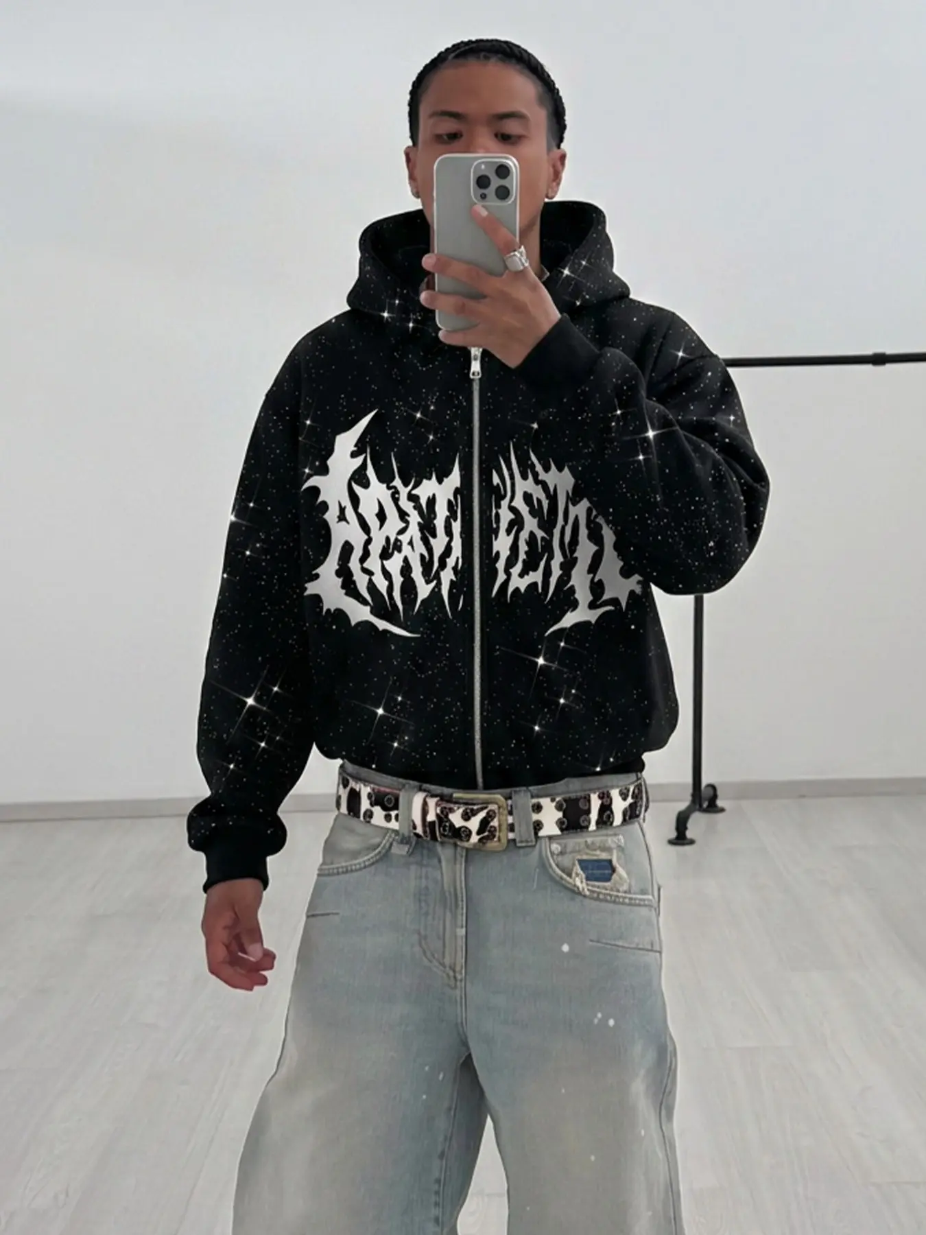 Star Print Zipper Hoodie, Fleece Lined Warm Loose Fit, Night Street Slimming Jacket, Casual Fall & Winter Outerwear