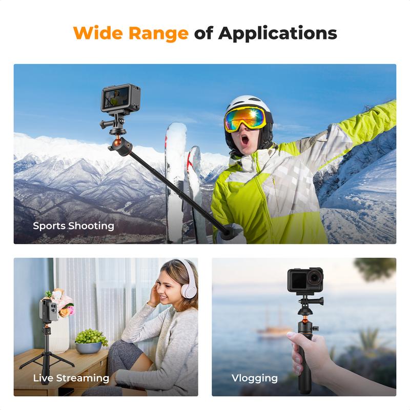 【K&F CONCEPT】All-in-One Extendable Selfie Stick Tripod for Smartphones, GoPro & DJI Cameras. 60cm/24" Foldable Handle with Ball Head for Vlogging, Travel, Live Streams.  GoPro Hero 13/12/11/10/9/8/7/Max, DJI Osmo Action 5/4/3, Pocket 3.