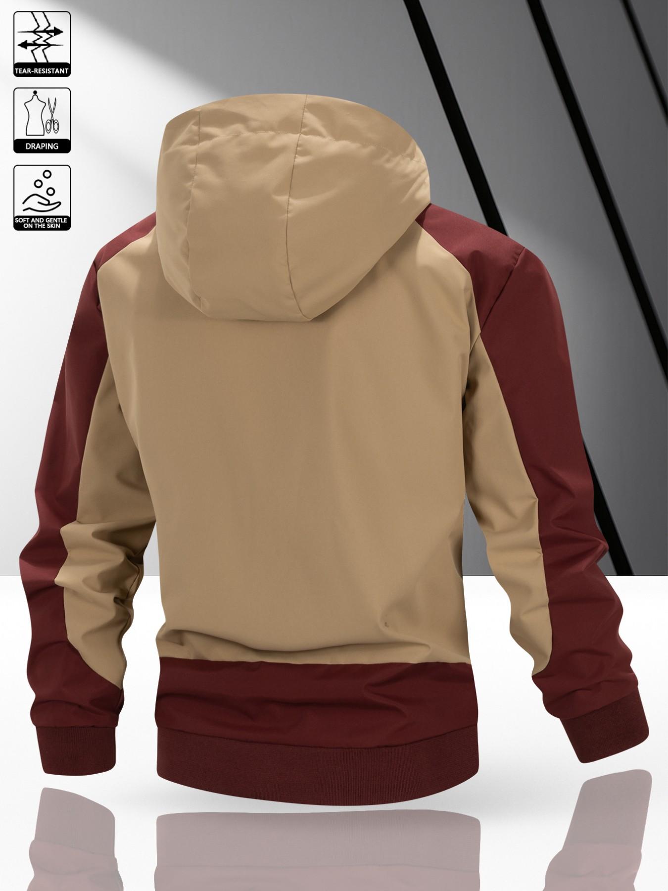 Men's American Style Wine Colorblock Hooded Zipper Jacket, Long Sleeve Loose Fit, All Seasons Casual Outerwear