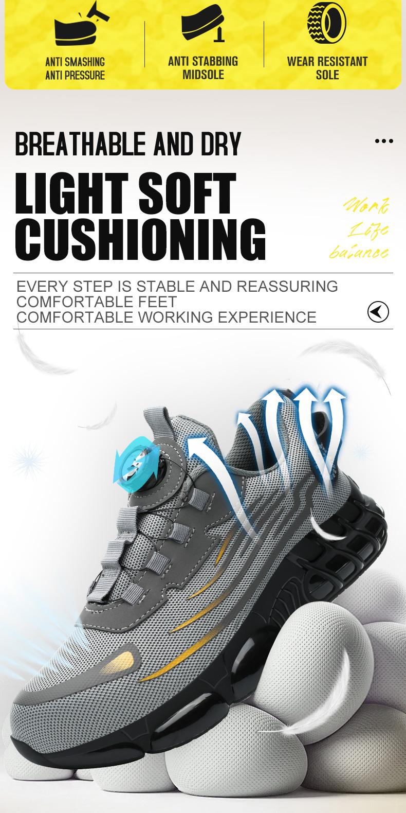 QINGRUIPAI Men's Breathable Mesh Work Sneakers Durable Anti-Slip Safety Shoes with Steel Toe Protection Comfort Fit for All Seasons Casual Striped Design Elastic Closure Non-Slip EVA Sole Outdoorfun Fathersdaygift