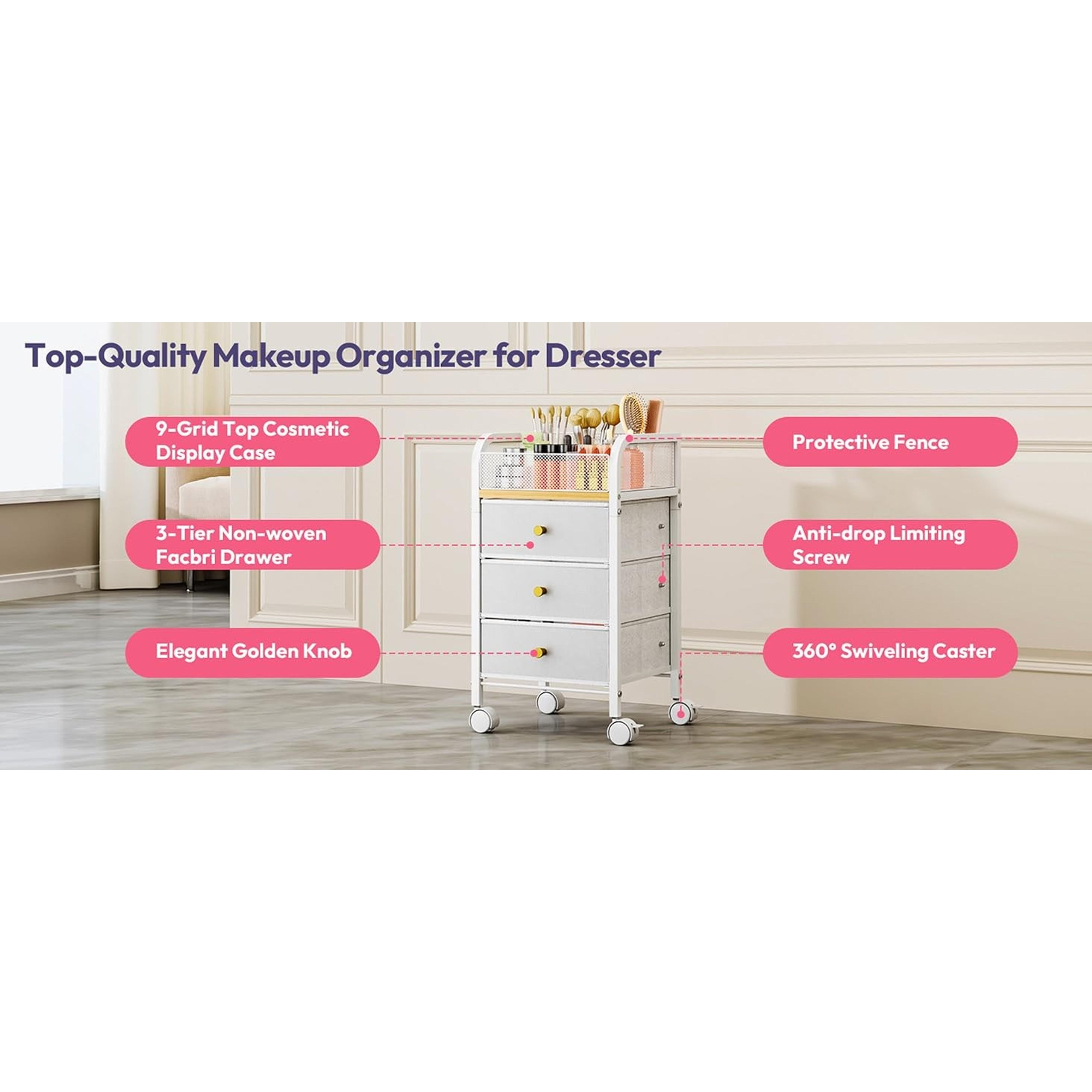Rolling Makeup Organizer Cart - Under Desk Vanity Makeup Storage with 3 Non-woven Drawers, Nail Cart Organizer Cosmetic Display Cases Cabinet for Skin Care Perfume Nail Polish Brush Hair Tool