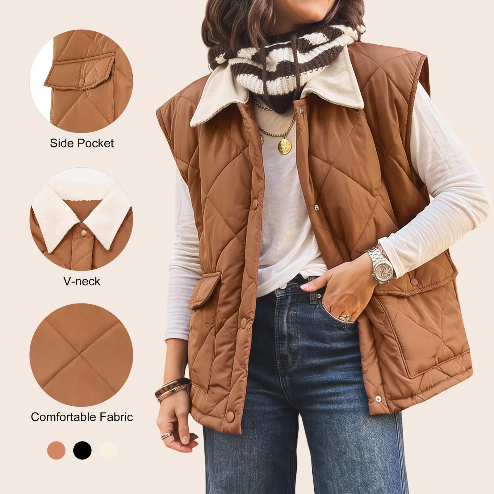 Imily Bela Contrast Collar Diamond Quilted Puffer Vest Women Casual Sleeveless Warm Padded Waistcoat with Side Pockets