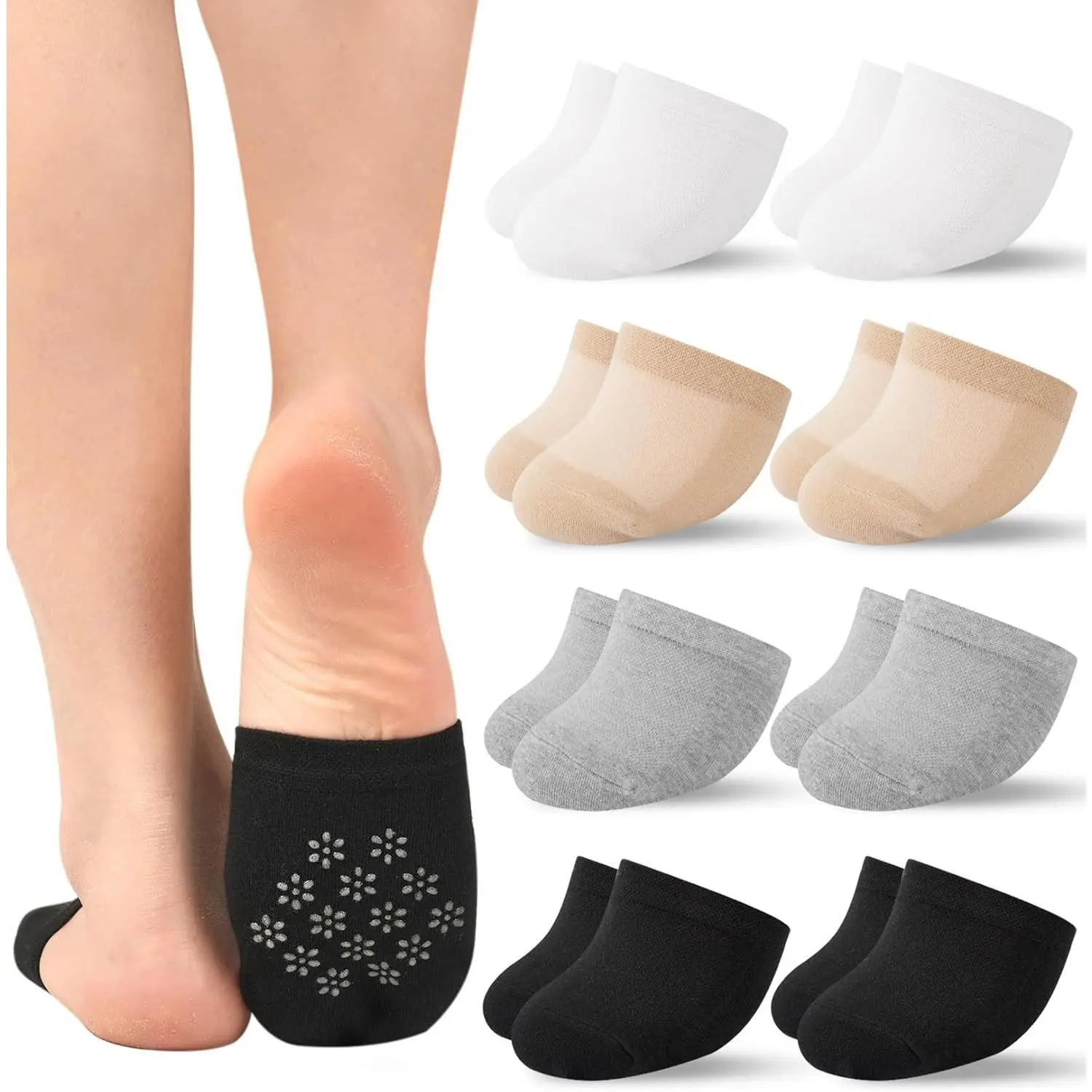 Womens Toe Socks No Show Liner Half Socks for Mules Clogs Loafers Slip-Ons, Non Slip Invisible Cotton Toe Covers, Breathable Dress Socks, Black Beige White Tan, 4-8 PairsGift