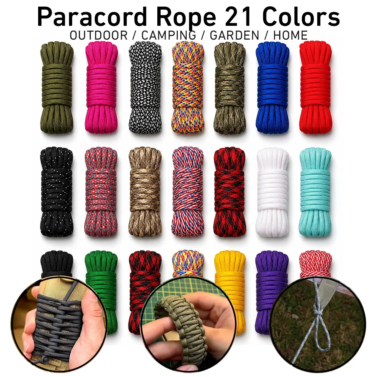 21-Color Mixed 5mm 7-Strand Paracord Set, Includes Solid and Patterned Colors, Durable Rope for Camping, Hiking, DIY Bracelets, Bracelet Making, Lanyards and Gear Ties