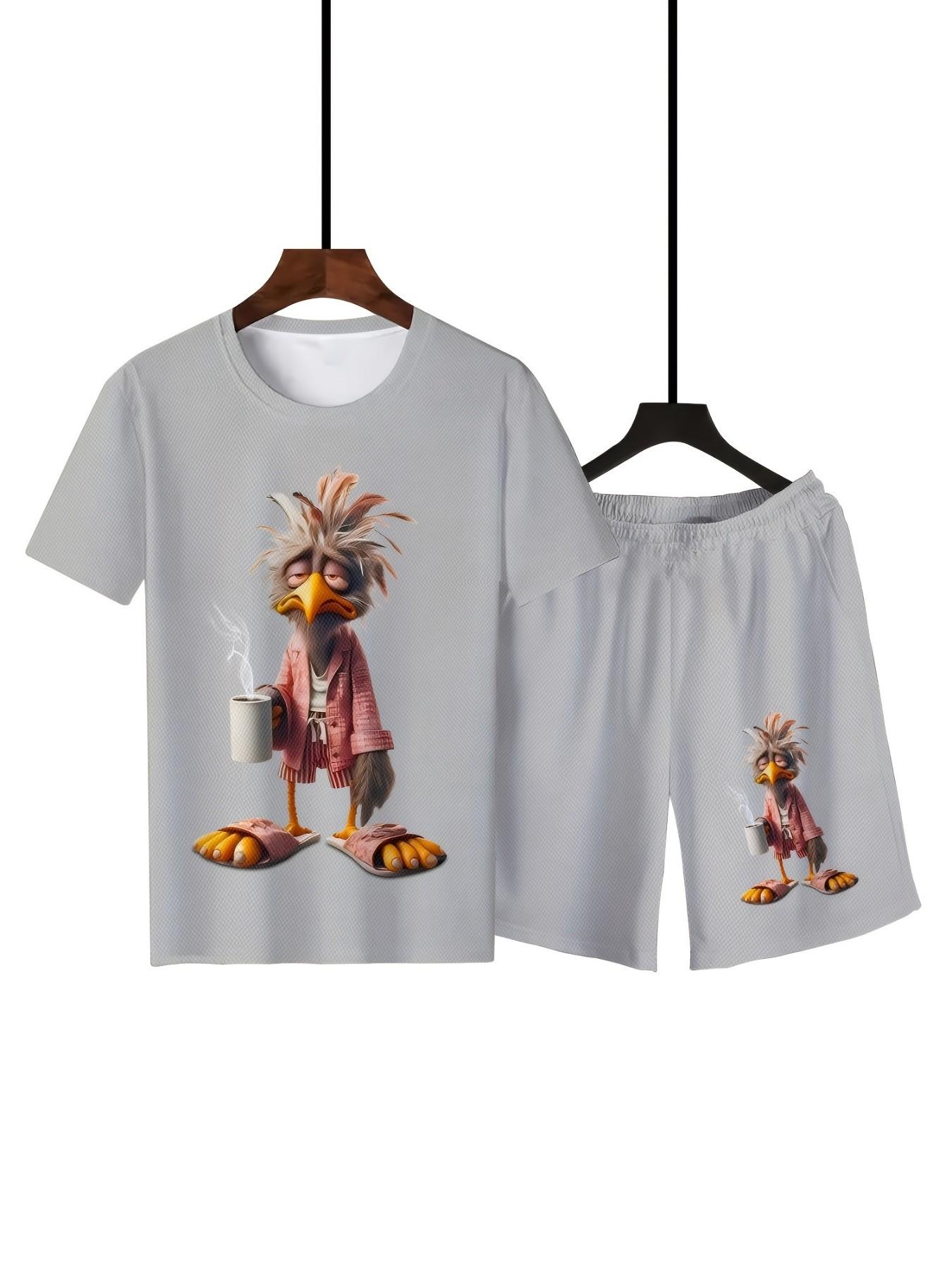 Personalized Sleepy Rooster Print Men's Short Sleeve Set Plus Size Loose Casual T-Shirt & Shorts Summer Street 2-Piece