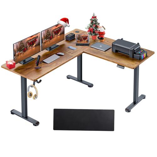 63"x55"x24" Electric L-shaped Standing Desk Computer Table with Mouse Pad Corner Sit-stand Desk for Home Office Gaming Room, 28"H-46"H Height Adjustable Spacious Desktop, 2 Pre-set Memory Height Headphone Hook Cable Management, Multiple Monitors