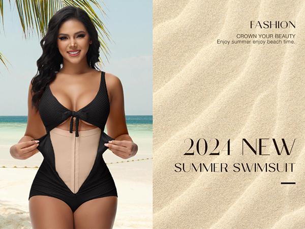 SHAPSHE Women's Tummy Control Swimsuit One Piece Slimming Bathing Suit Cutout Tie Knot Front Push Up Swimwear