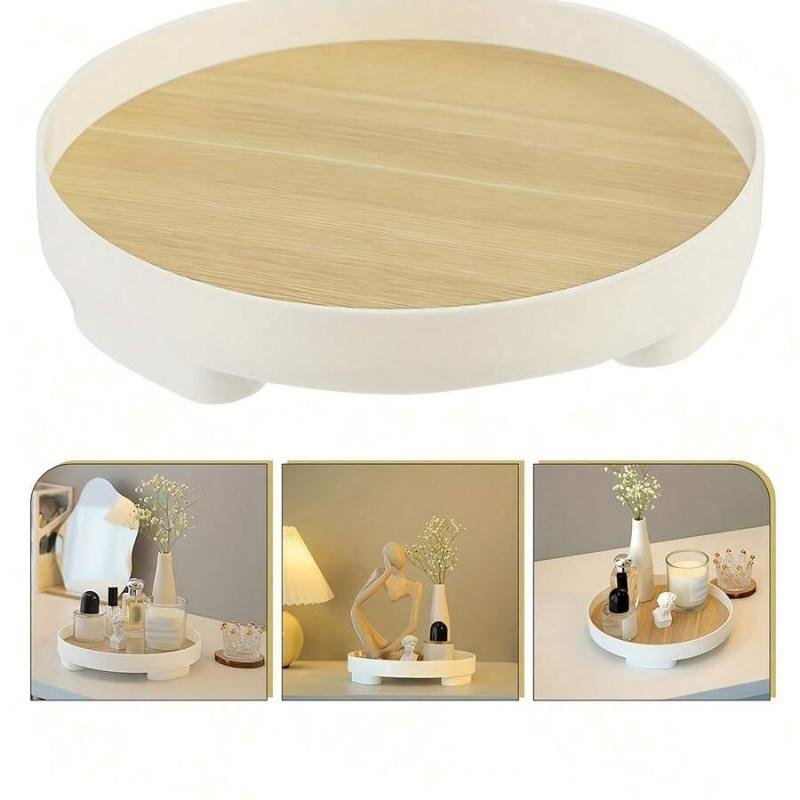 Minimalist Round Vanity Tray With Non-slip Wooden Surface, Multifunctional Decorative Storage Tray, Suitable For Placing Perfume, Cosmetics, Skin Care Products, Bathroom Toiletries And Entrance Decorations, Elegant Household Storage Supplies