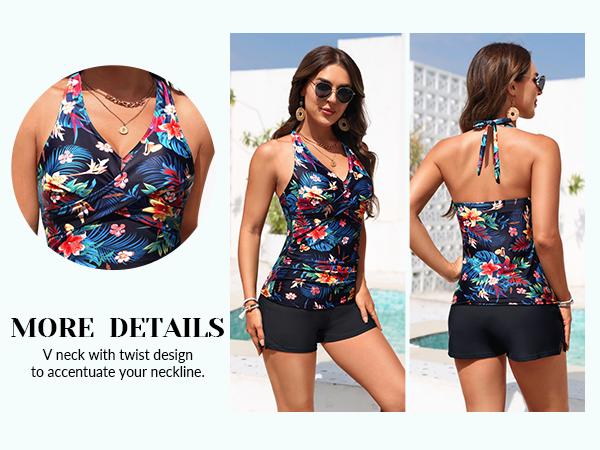Yonique Women Tankini Swimsuit with Shorts - Halter Two Piece Swimsuit with Pocket Tummy Control Bathing Suit Swimwear