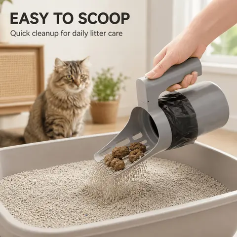 4-Piece Cat Litter Scoop and Holder Set, Large-Capacity Heavy-Duty Litter Shovel with 3 Rolls of Waste Bags, Detachable Cat Litter Box Cleaning Tools, Easy-to-Clean Pet Waste Accessories