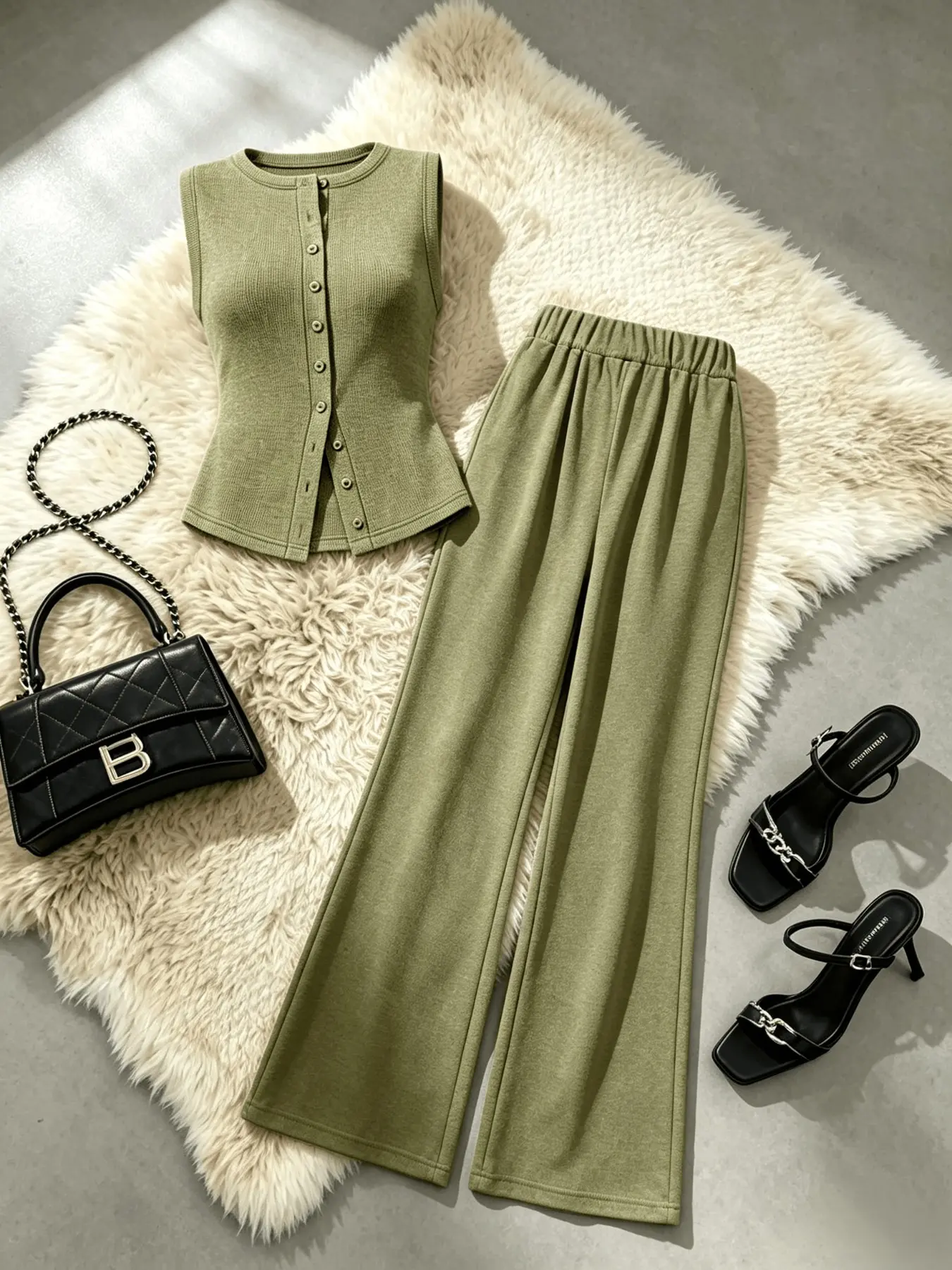 Elegant Sleeveless Button Front Cardigan & Long Pants Set, Spring Summer Fall Fashion, Casual Office Wear, Women's Clothing