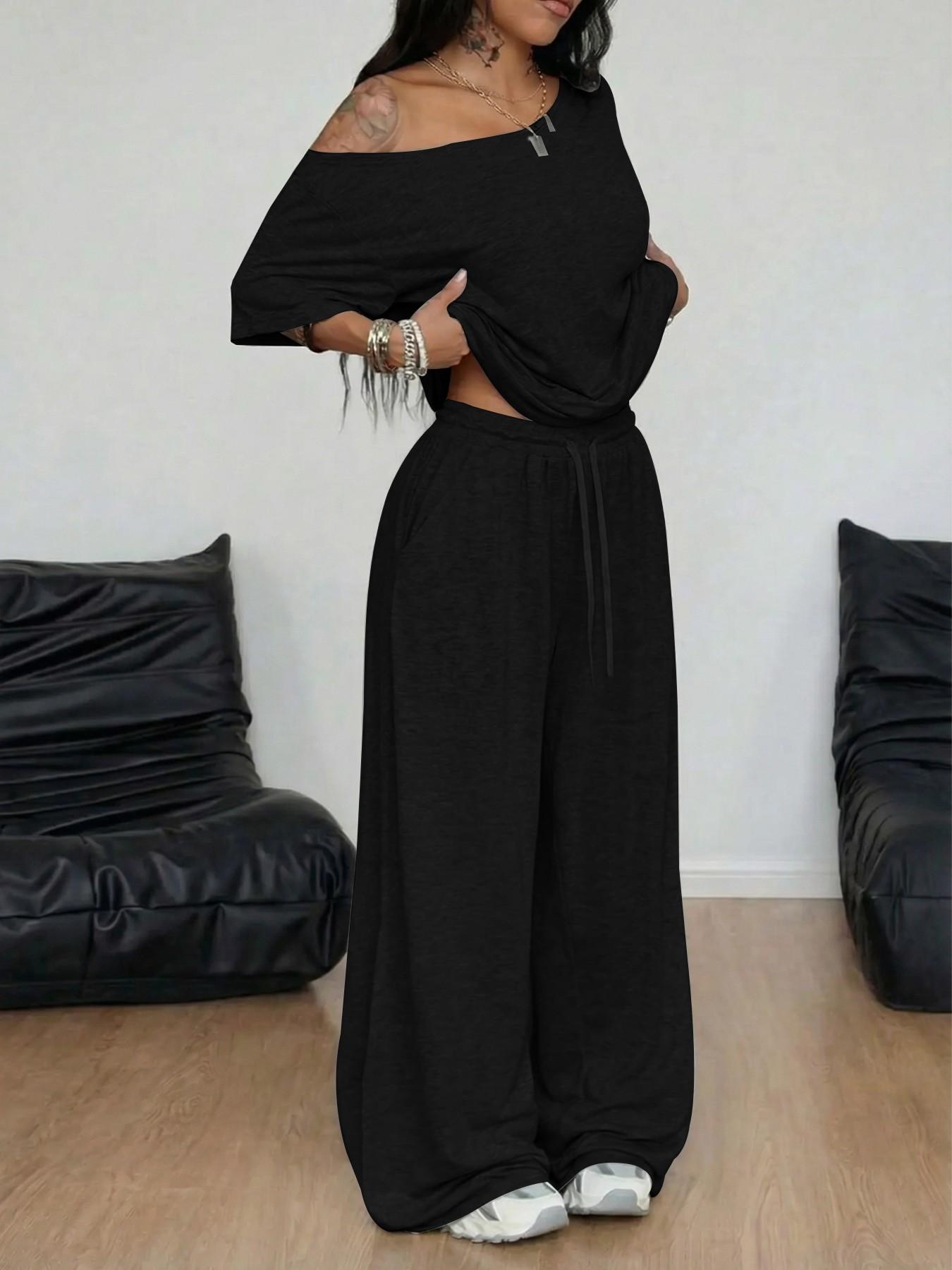 Women's 2-Piece Lounge Set, Off-Shoulder Oversized Top & Wide-Leg Pants, Soft Comfortable Drawstring Loungewear for All Seasons