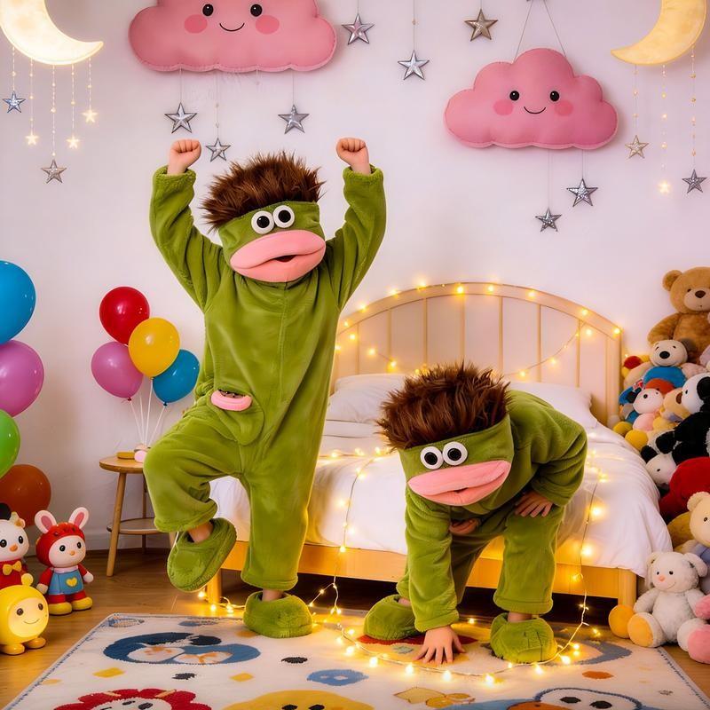 Fun Onesie Party Set, Comfortable Hooded Flannel Pajama Three-Piece Set, Includes Pajamas, Comb, and Shoe Covers, Cute Monster Pattern