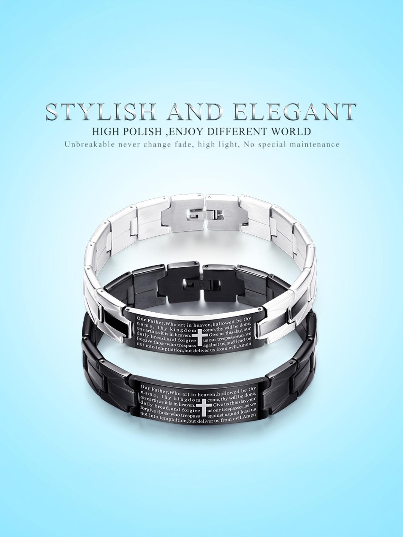 Stainless Steel Geometric Sanskrit Cross Men's Bracelet, 4:13 Cross Engraved Scripture Personalized Necklace # Jewelry / Stainless Steel / Colorfast / Hypoallergenic / Couple / Festival / Party / Ideal Gift