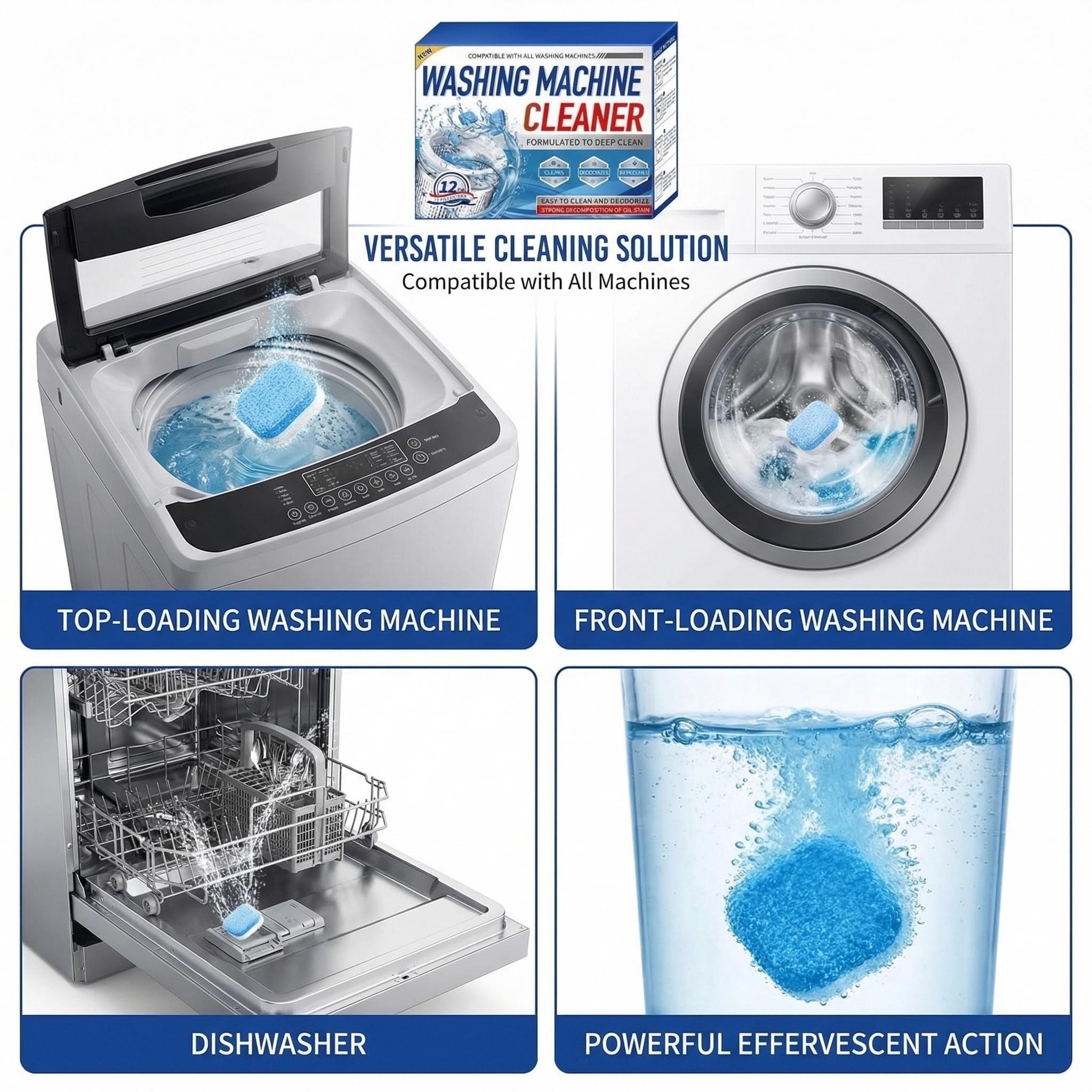 12pcs Washing Machine Deep Cleaner Tablets, Foaming Degreaser for Front & Top Load Washers, Eco-Friendly Laundry Smell Fix, Septic Safe