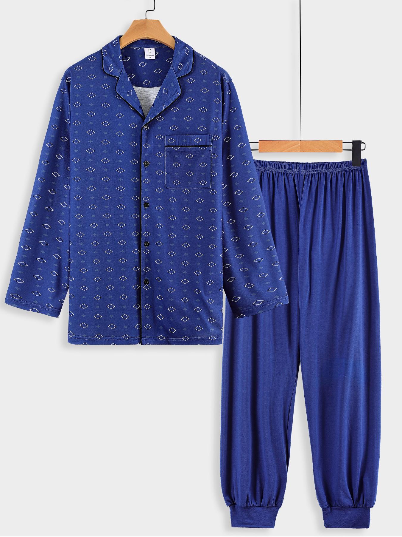 Men's Navy Blue Geometric Print 2-Piece Pajama Set - Notch Collar Button-Down Shirt + Elastic Cuff Pants, Soft Breathable Fabric, Relaxed Fit for At-Home Lounging, Sleep & Lazy Weekends