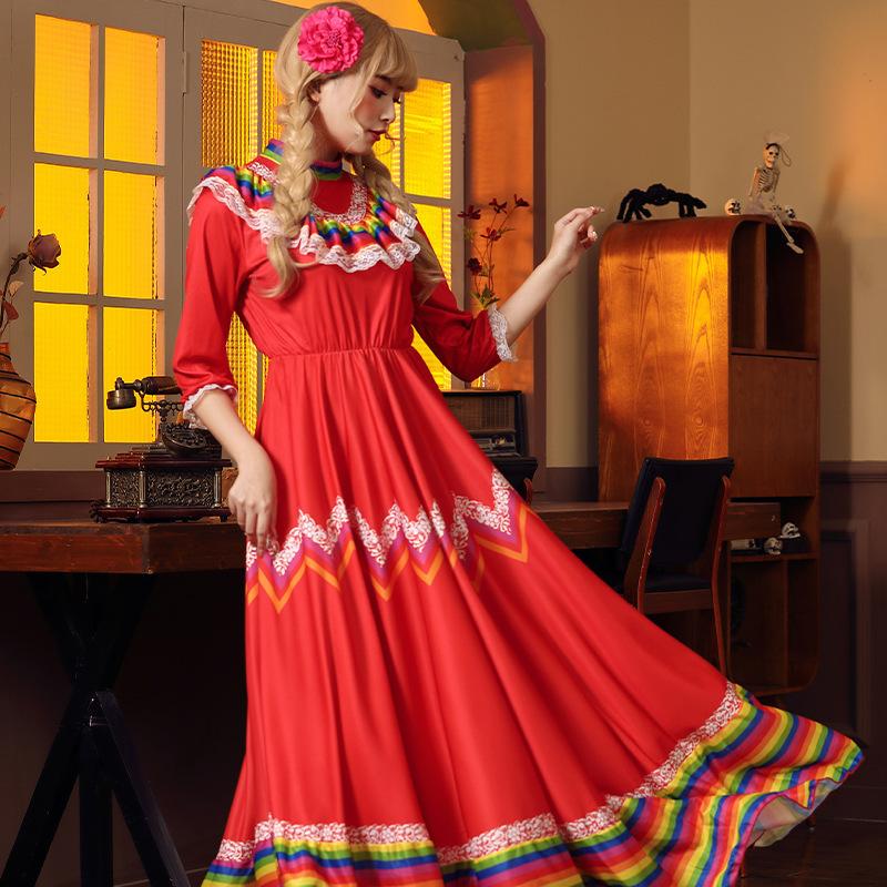 Mexican Folklorico Dress with Decorative Headdress Wide Flared Performance Skirt