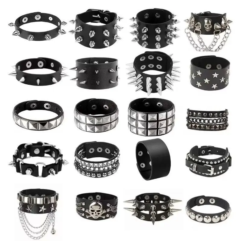 Unisex Punk PU Leather Skull Motif Bracelets Set (4/6/8pcs) - Fashion Modern Accessories, Women's Halloween Statement Jewelry, Cool Gifts for Adults