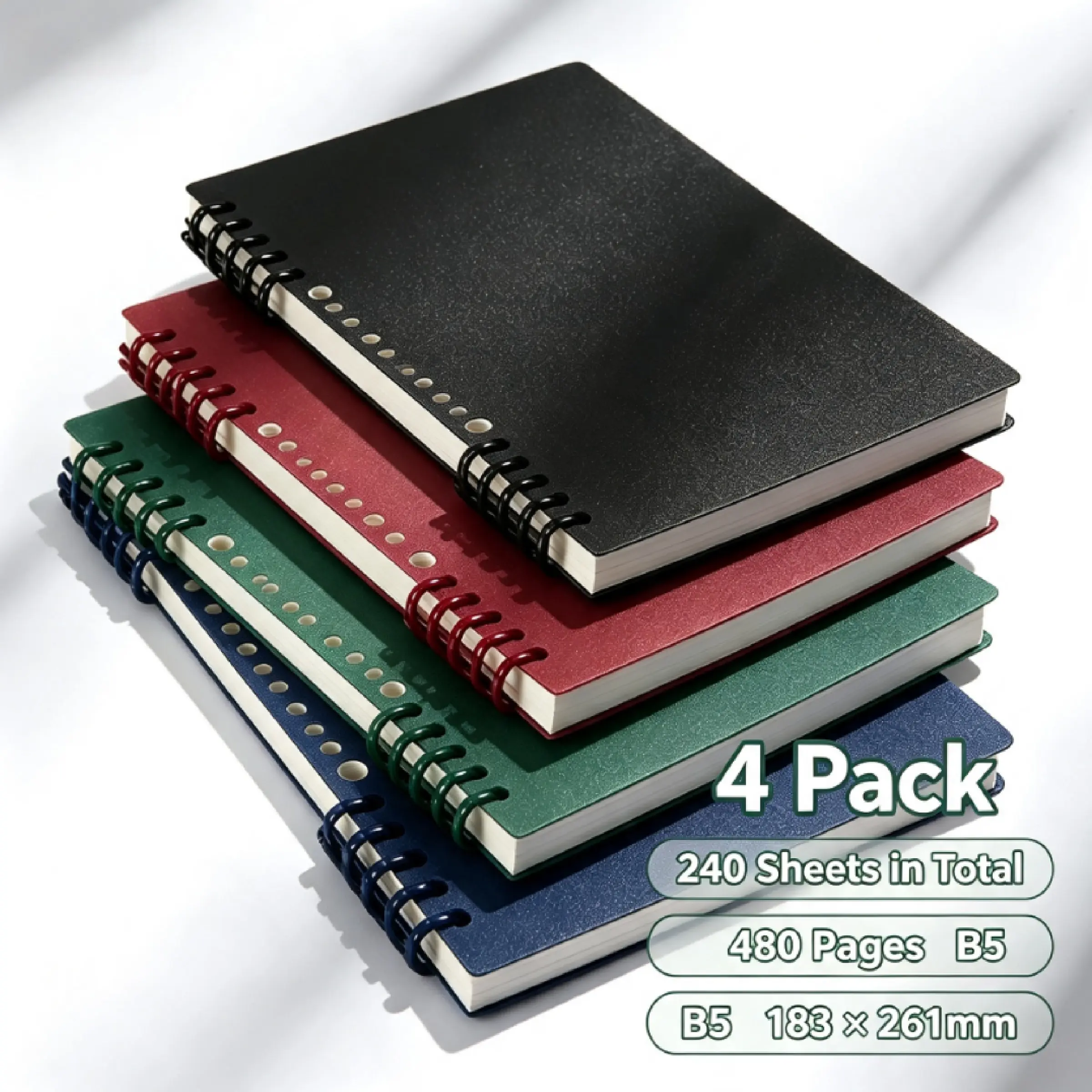 B5 Notebook Student Coil Journal Set, 4 Books, 240 Sheets/480 Pages, Simple Fresh Design, Comfortable Grip, 183x261mm Spiral Bound