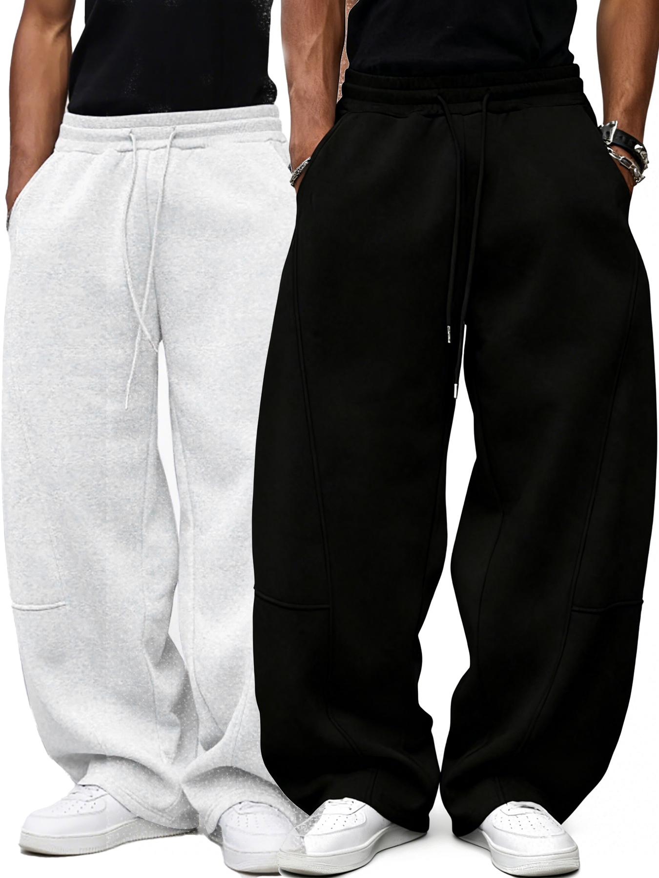 Men's Loose Fit Sport Pants, Baggy Jogging Pants, Casual Drawstring Waist Wide Leg Joggers with Pockets, Fall & Winter Fashion, 2 Piece Set