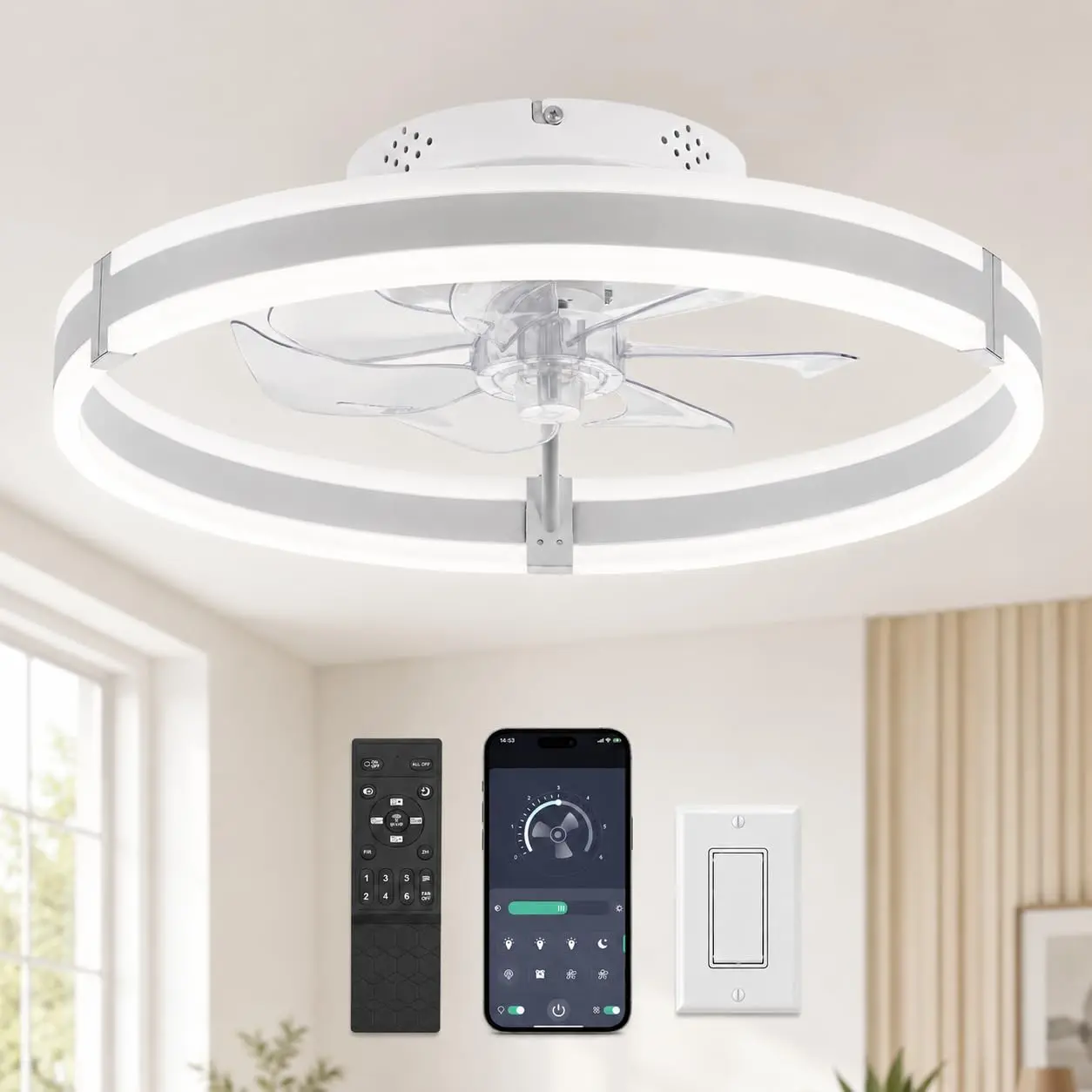 20" Low Profile Flush Mount Ceiling Fan with Lights – Metal Fandelier with Dimmable LED and Quiet DC Motor for Bedroom and Small Spaces