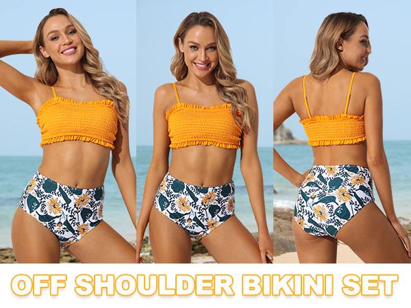 Yonique Women's Bandeau Bikini Set Two Piece Smocked Swimsuits Ruffle Off Shoulder Bathing Suit with High Waisted Bottoms