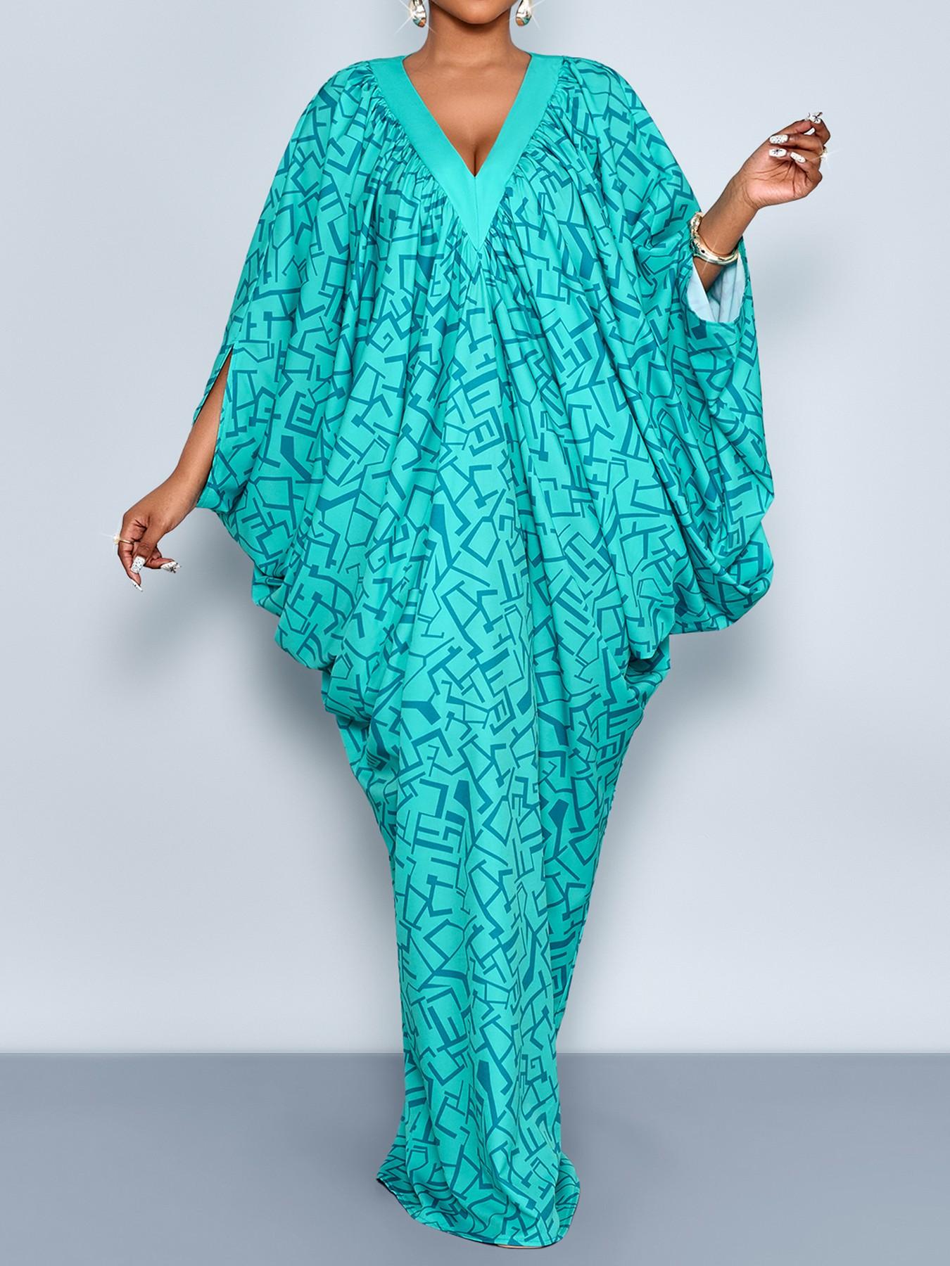 Plus Size Women's Geometric Print Casual Dress, V Neck Ruched Design, Layered Cocoon Silhouette, Long Loose Fit, All Seasons Fashion