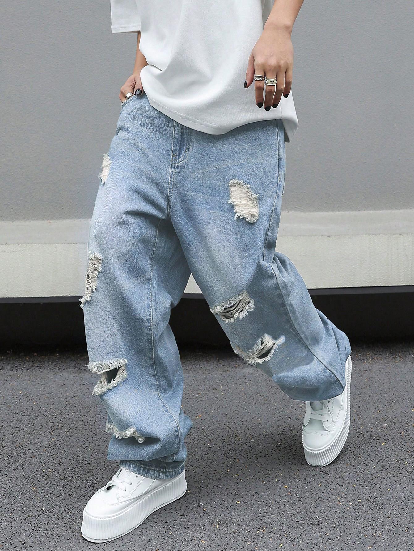 Men's Trendy Loose Fit Denim Jeans, American Vintage Ripped Casual Wide Leg Flared Jeans, Spring Summer 2026 Fashion
