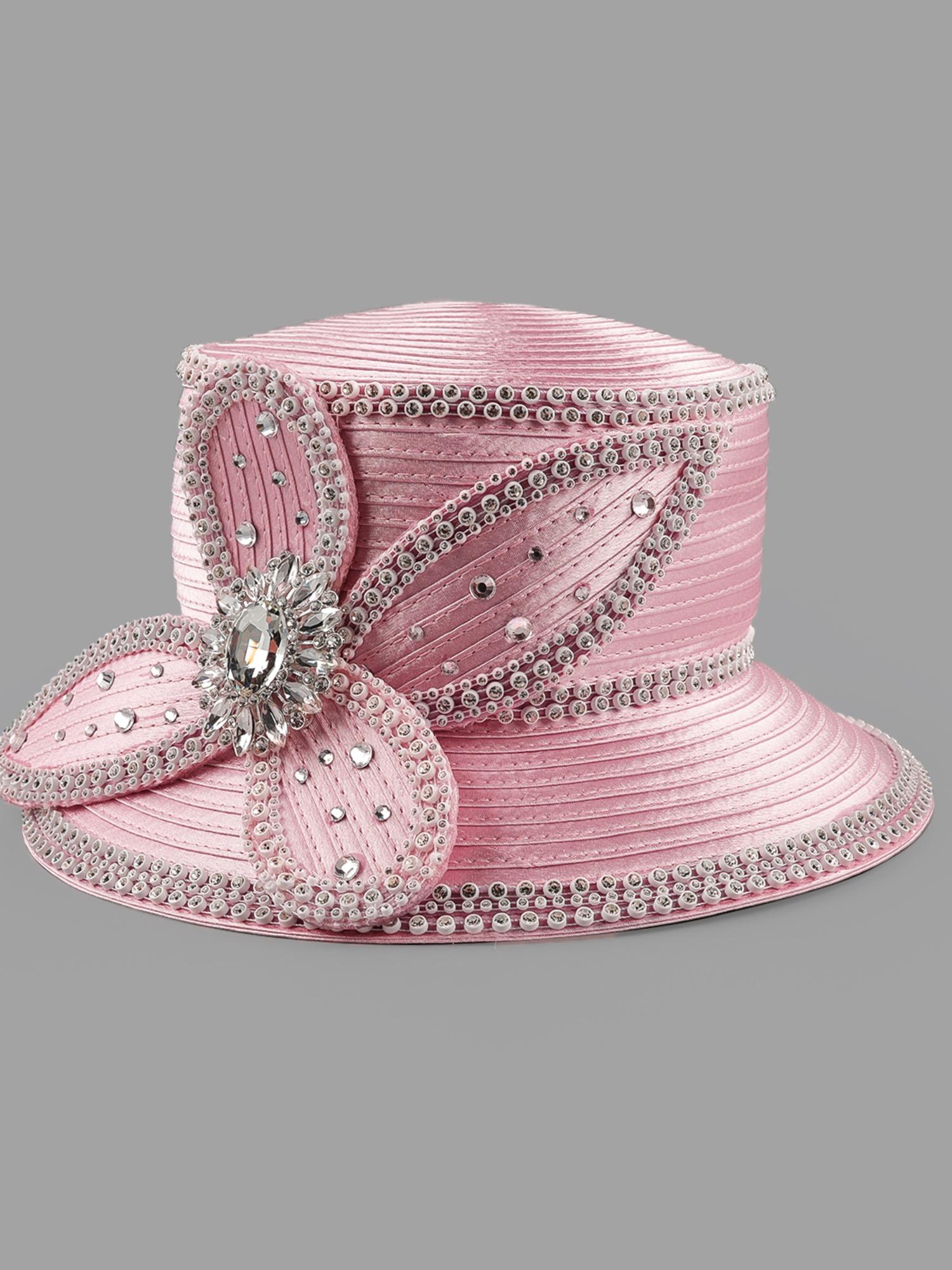 Elegant Women's Church Hat, Vintage Satin Rhinestone Bridal Hat, Party Tea Derby Hat, Sun Protection Wide Brim Hat, Sunday Church Hat