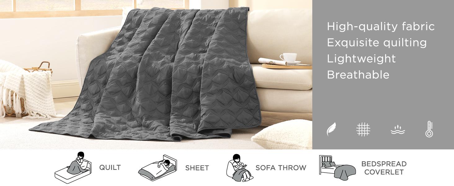 Litanika 3-Piece Bedspread Set - Lightweight Quilt Coverlet w/ Pillowcases | All Season (Dark Grey/Beige/Grayish Blue)