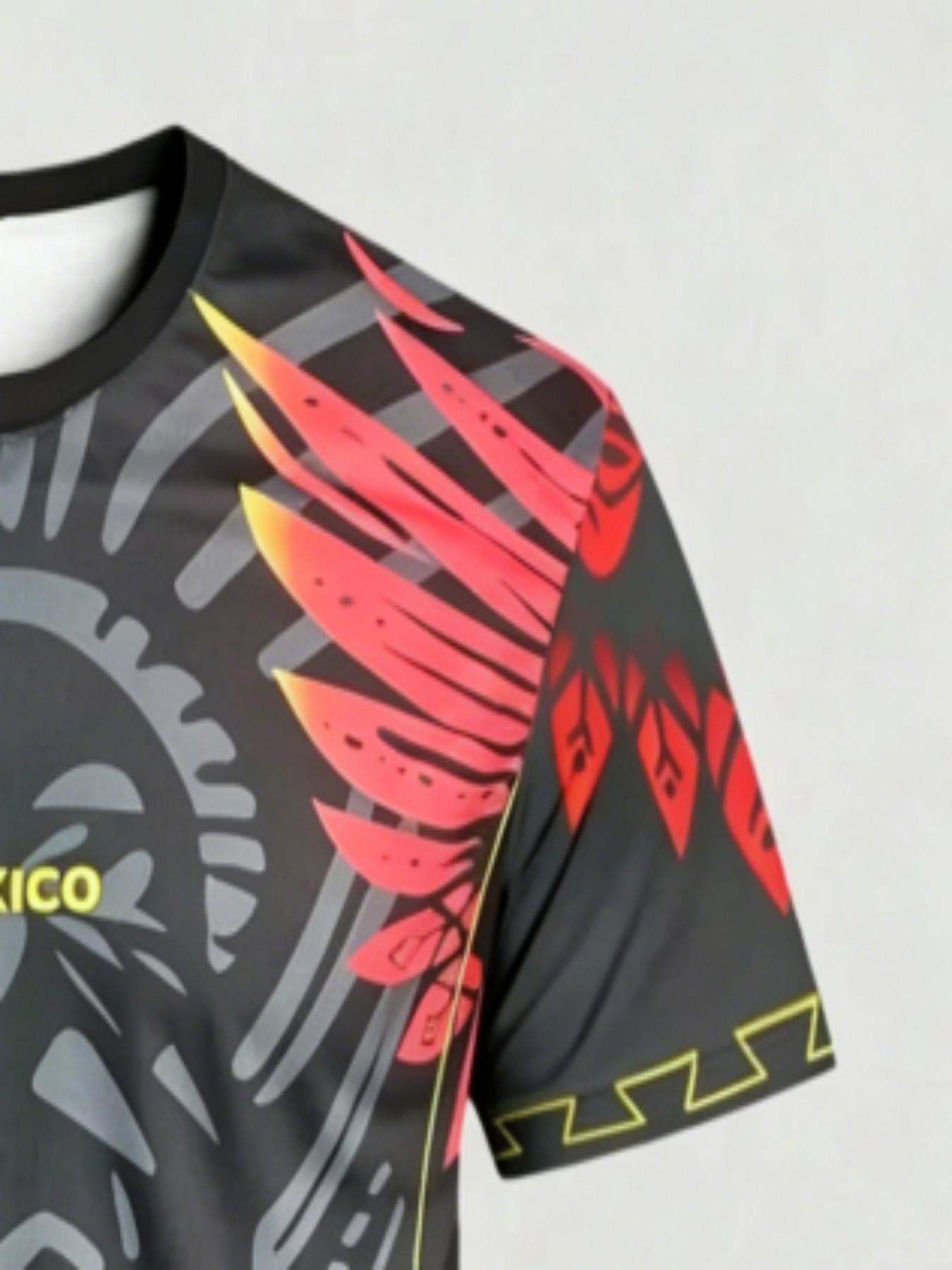 Men's Mexican Aztec Feather Sport T-Shirt, Street Style Round Neck Short Sleeve Top, Geometric Pattern, Loose Fit, All Seasons