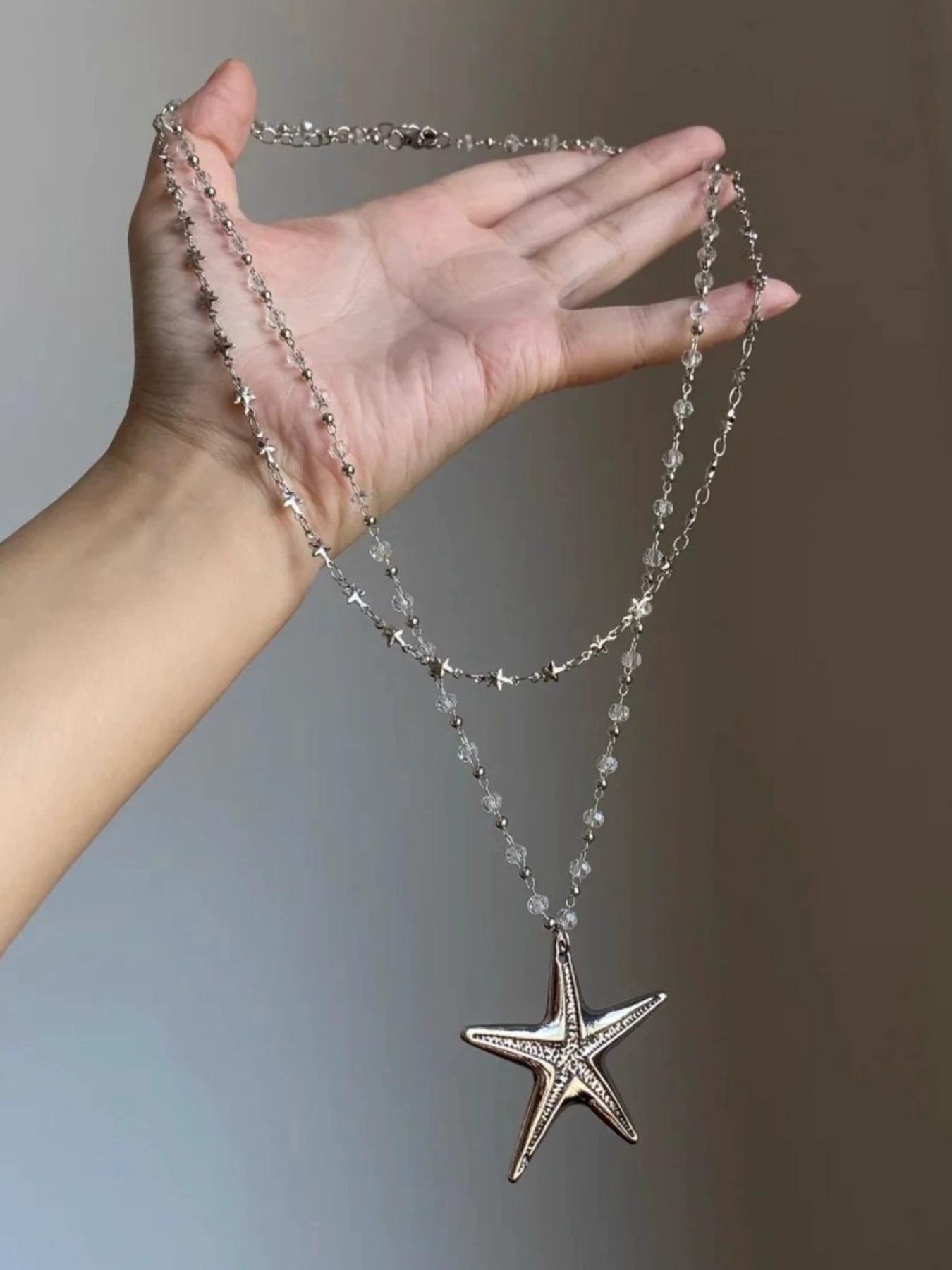 Y2K Trend Crystal Beaded Star Chain Sea Urchin Pendant Necklace, Vintage Long Design for Women, Perfect for Daily Wear & Parties, Starfish Necklace