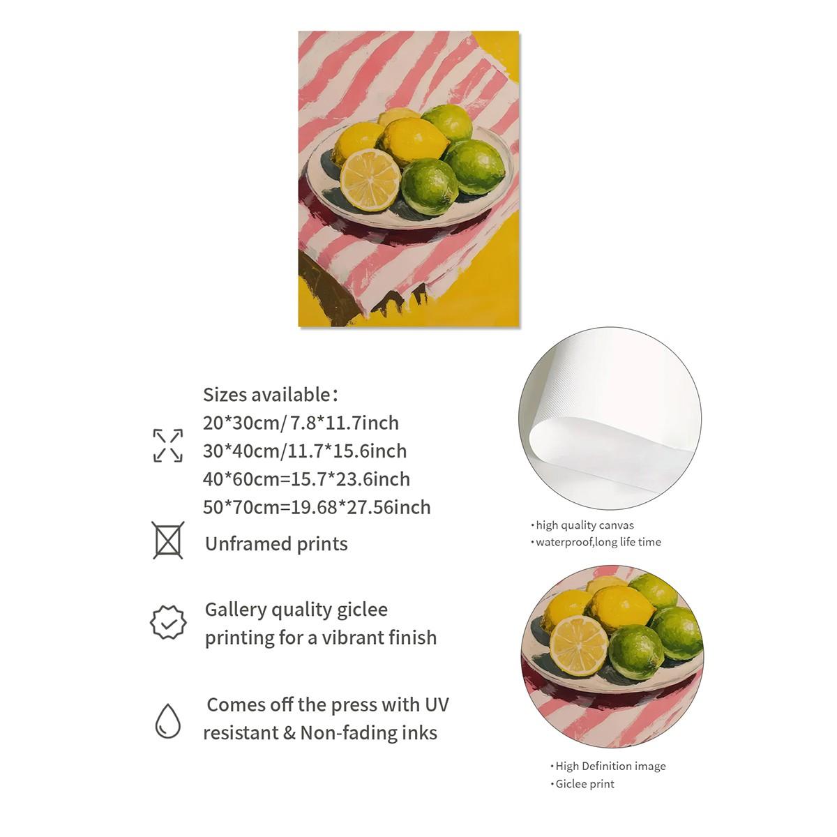 Vibrant Lemon Striped Art Print, Danish Soft Canvas Poster, Modern Wall Decor for Kitchen Living Room Bedroom, Unframed