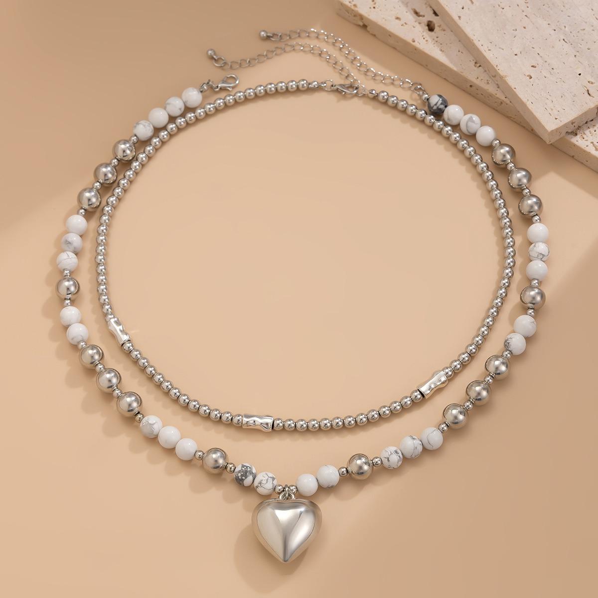 Women's 2-Layer White Turquoise Beaded Heart Pendant Necklace - Silver Metal Ball Chain, Marble Stones, Mixed Sizes Beads, Minimalist Stack Adjustable Choker, Daily Wear Jewelry for Gift, Double Strand, Minimalist Design, Adjustable Bead Chains