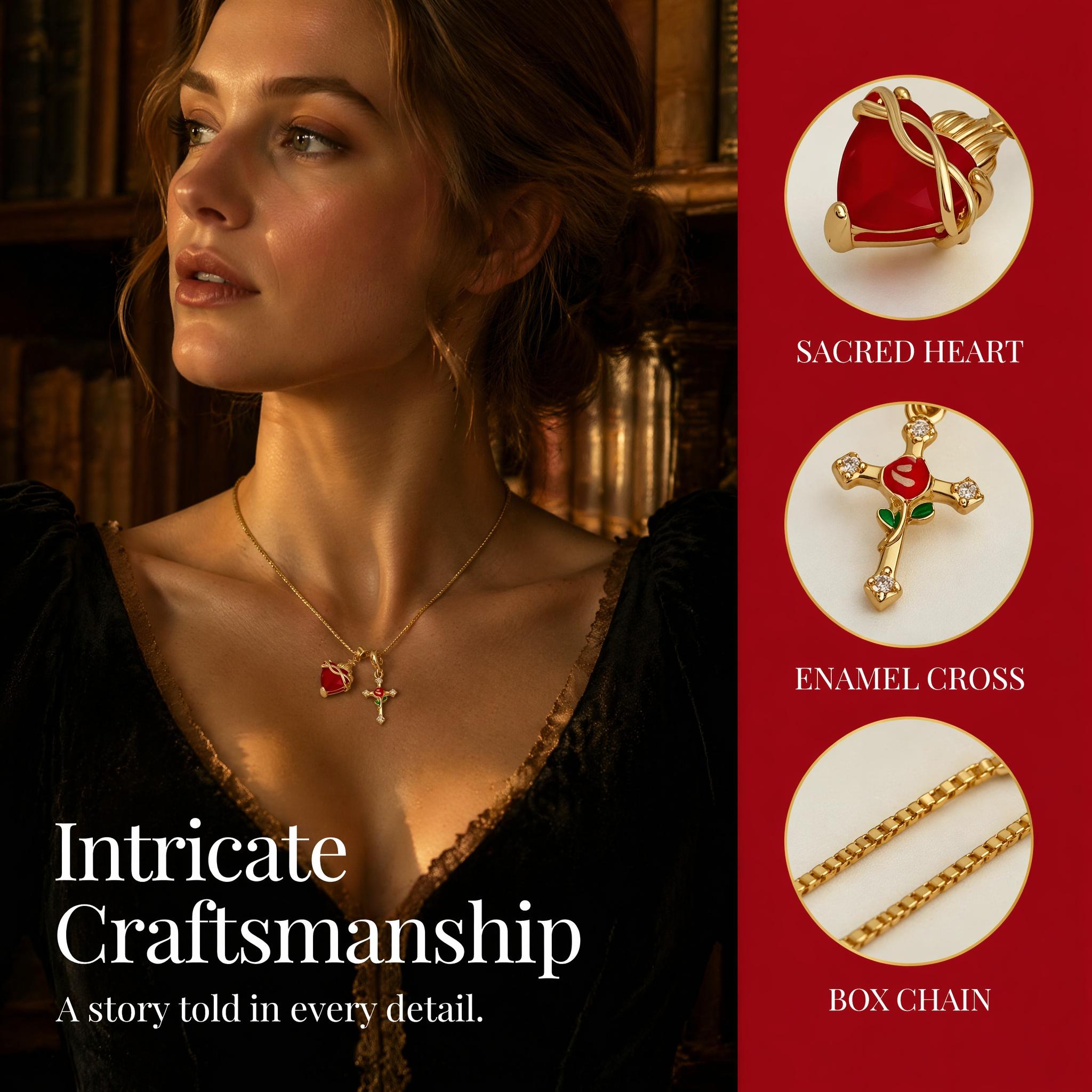 Gold-Plated Metal Coating Catholic Christian Double Pendant Necklace - Red Sacred Heart Zircon Stones, Cubic Zirconia, Box Chain, Lobster Clasp, Comes with Jewelry Gift Box, for Daily Wear, Graduation, First Communion Gifting