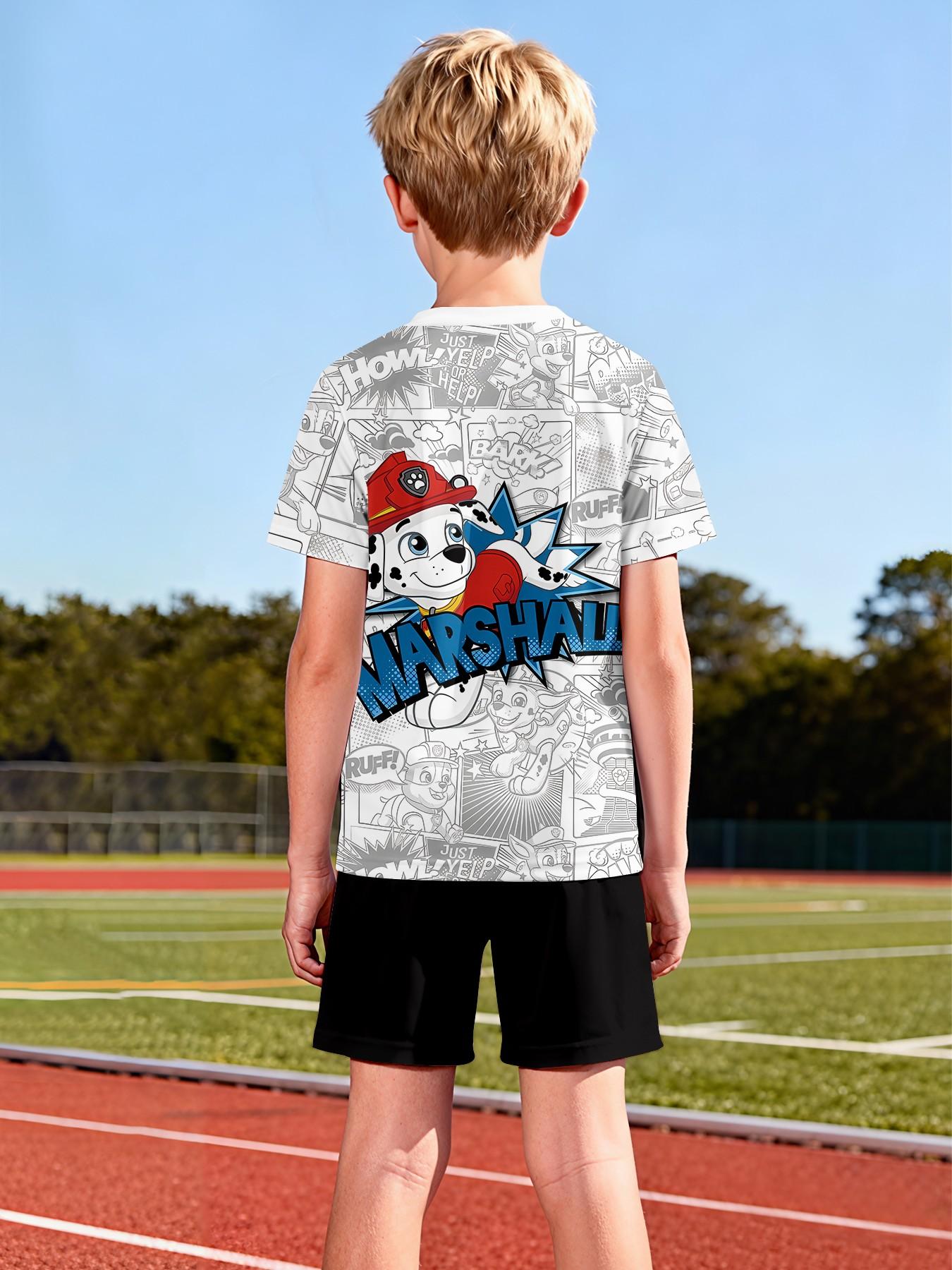 Paw Patrol Marshall Two-Piece Short Sleeve and Shorts Set, 100% polyester casual loose fit set, fun printed patterns for summer, outdoor sports T-shirt set, perfect gift for boys