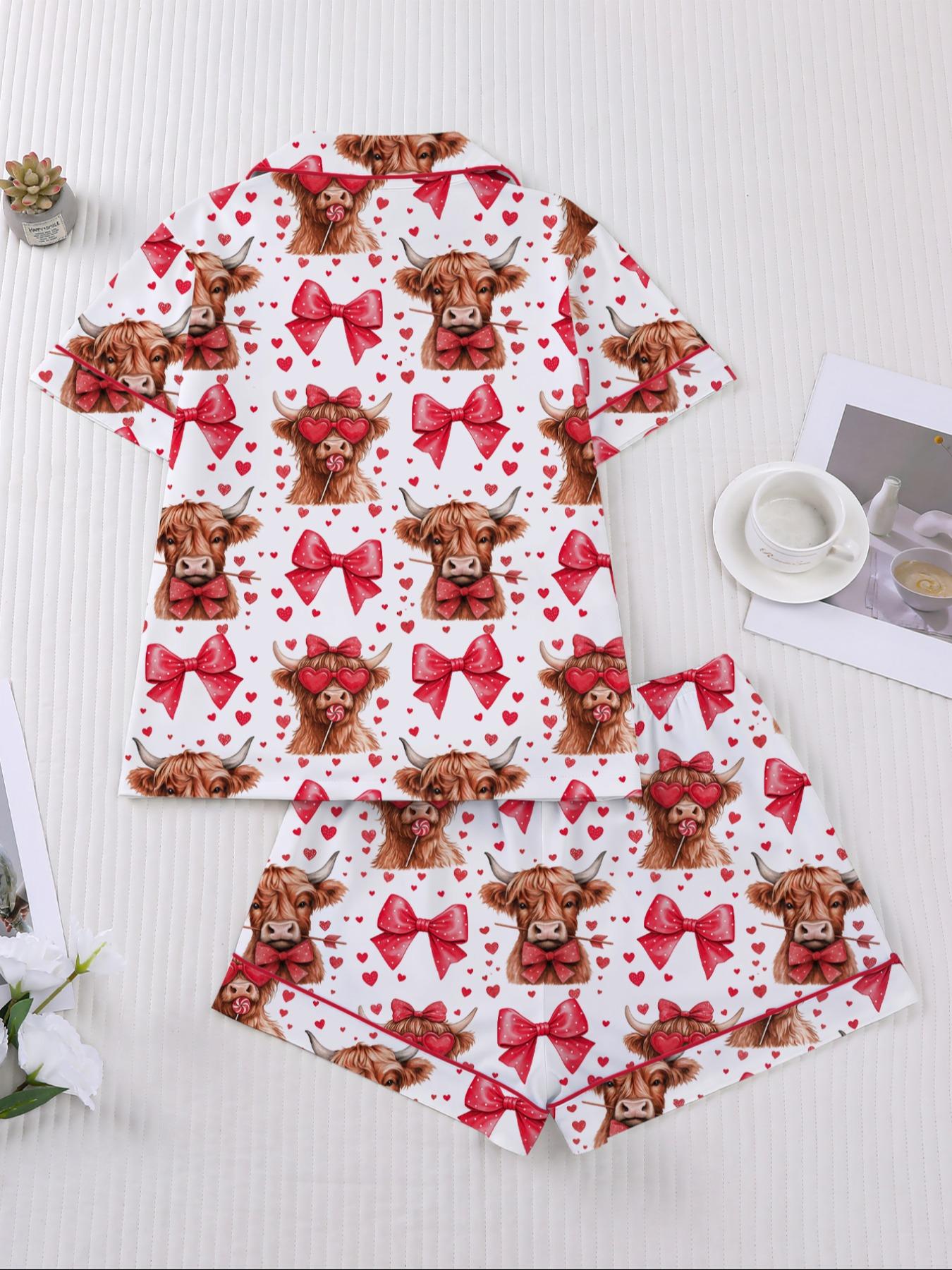 Women's Sleepwear Set, Short Sleeve Button-Up Top & Elastic Shorts, Soft Fitted Design, All-Season Comfortable Home Wear