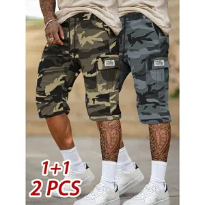 2pcs Men's Camouflage Cargo Shorts - Elastic Waist with Adjustable Drawstring, Multi-Pocket Design, Casual Outdoor Shorts for Daily Wear & Leisure Activities, Nonstretch Fabric