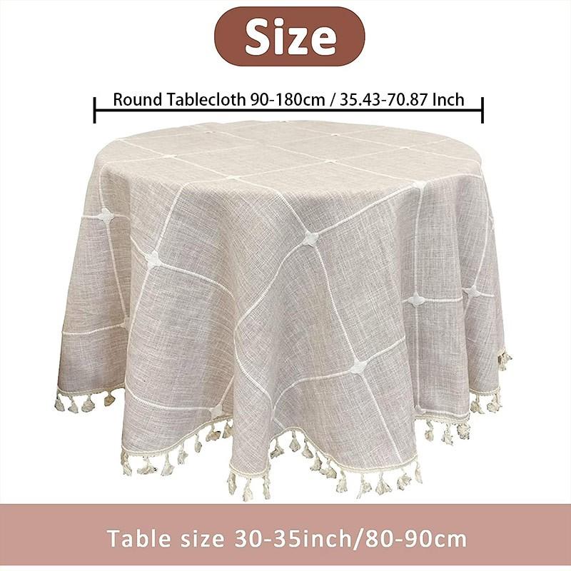 Plaid Tablecloth with Fringe, Round Dual-Layer Plaid, Embroidered, Handmade Fringe, Stain-Resistant, Non-Slip, Ideal for Gatherings